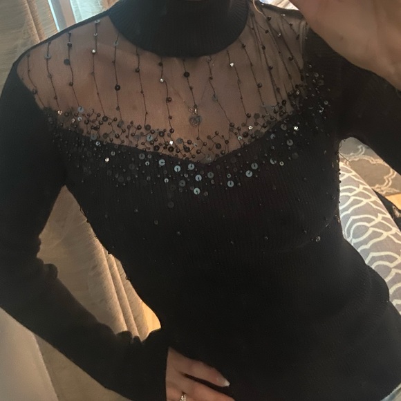 Black sparkly mock neck sweater with sheer beaded panel - Picture 2 of 9